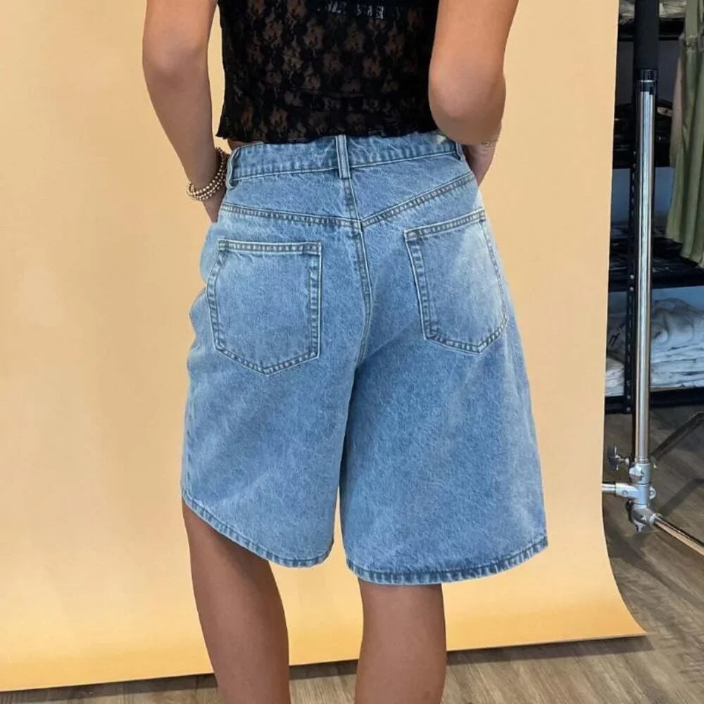 Women Wide Leg Baggy Denim Shorts Summer Vintage High-Rise Loose Fit Bermuda